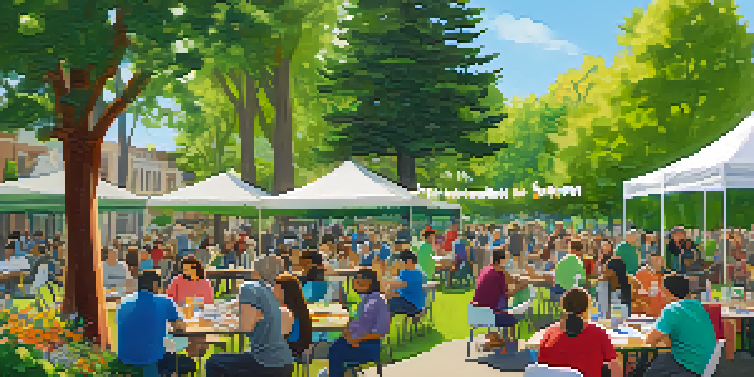 A community workshop in a park with residents discussing sustainability, surrounded by trees and flowers.