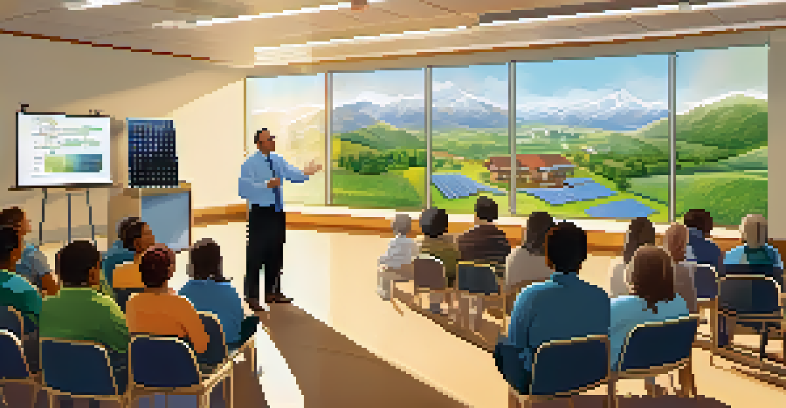A community center presentation on community solar programs, with an official speaking to engaged residents and a projector displaying information.