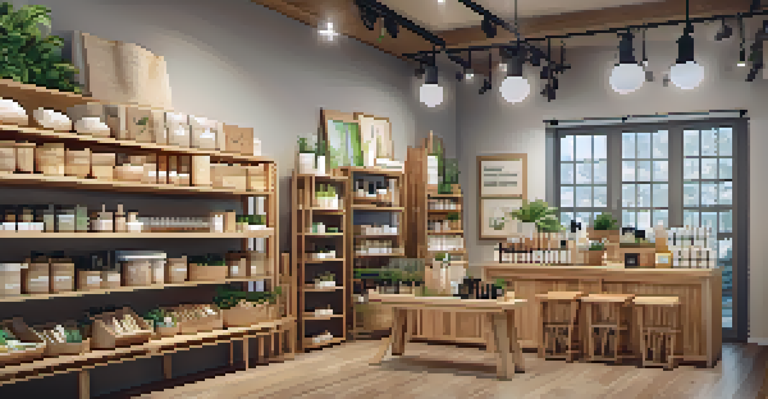 A boutique interior displaying eco-friendly products on wooden shelves with warm lighting.