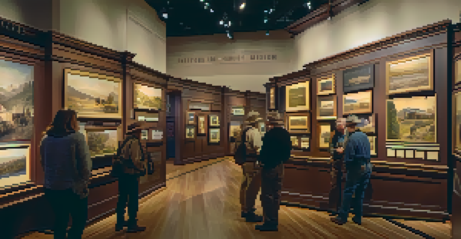 An exhibit in the San Mateo County History Museum featuring artifacts from the Gold Rush era, with soft lighting and historic photographs on the walls.