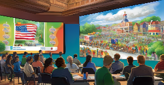 A digital town hall scene showing community members engaged in discussion with a local official, large screens displaying local updates, and colorful banners.