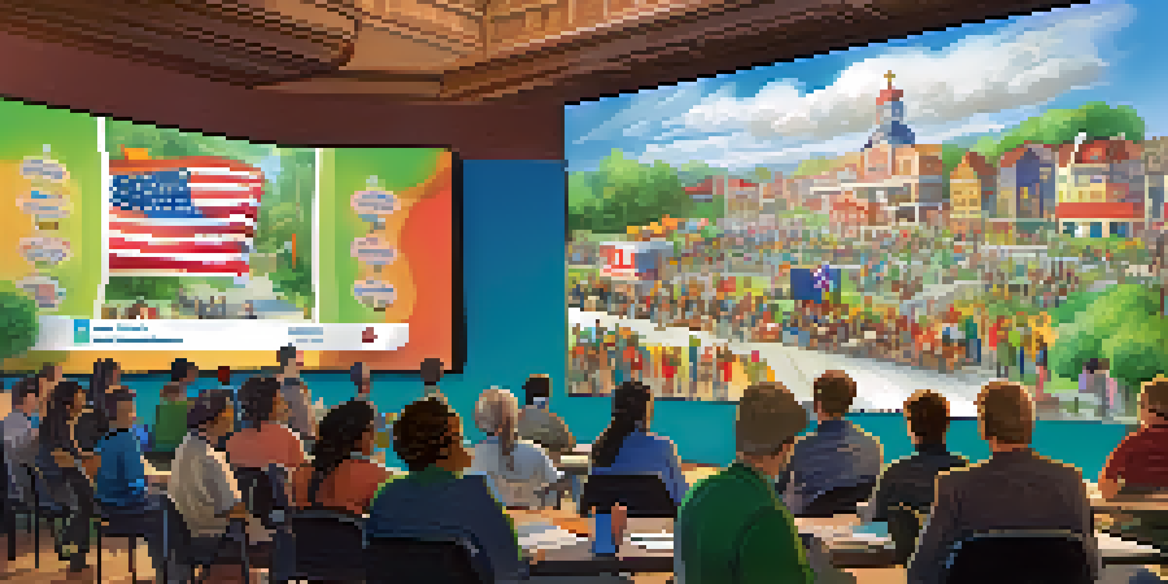 A digital town hall scene showing community members engaged in discussion with a local official, large screens displaying local updates, and colorful banners.