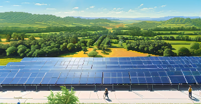 A community solar farm with rows of solar panels and diverse residents engaging in conversation, surrounded by greenery.