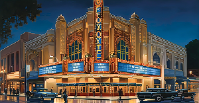 A night view of the historic Fox Theatre in Redwood City, illuminated with warm lights and filled with theatergoers in a bustling street.