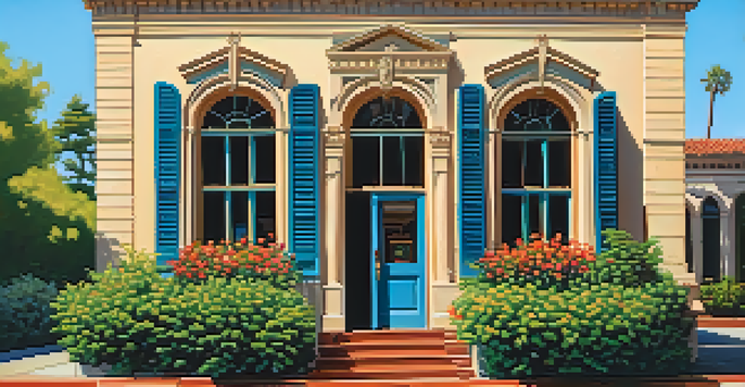 A historic building in Redwood City surrounded by greenery and flowers, under a blue sky with soft sunlight.