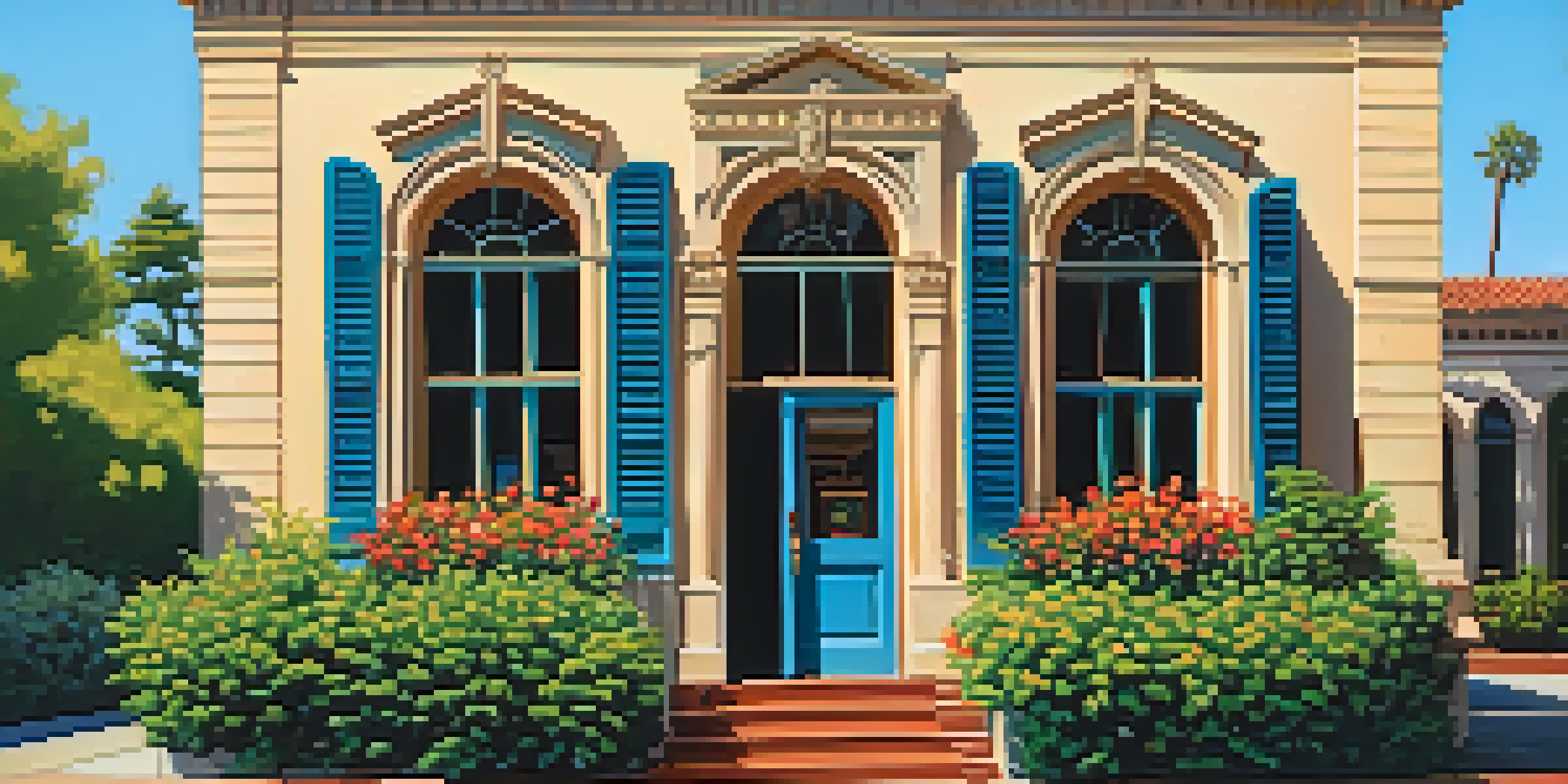 A historic building in Redwood City surrounded by greenery and flowers, under a blue sky with soft sunlight.
