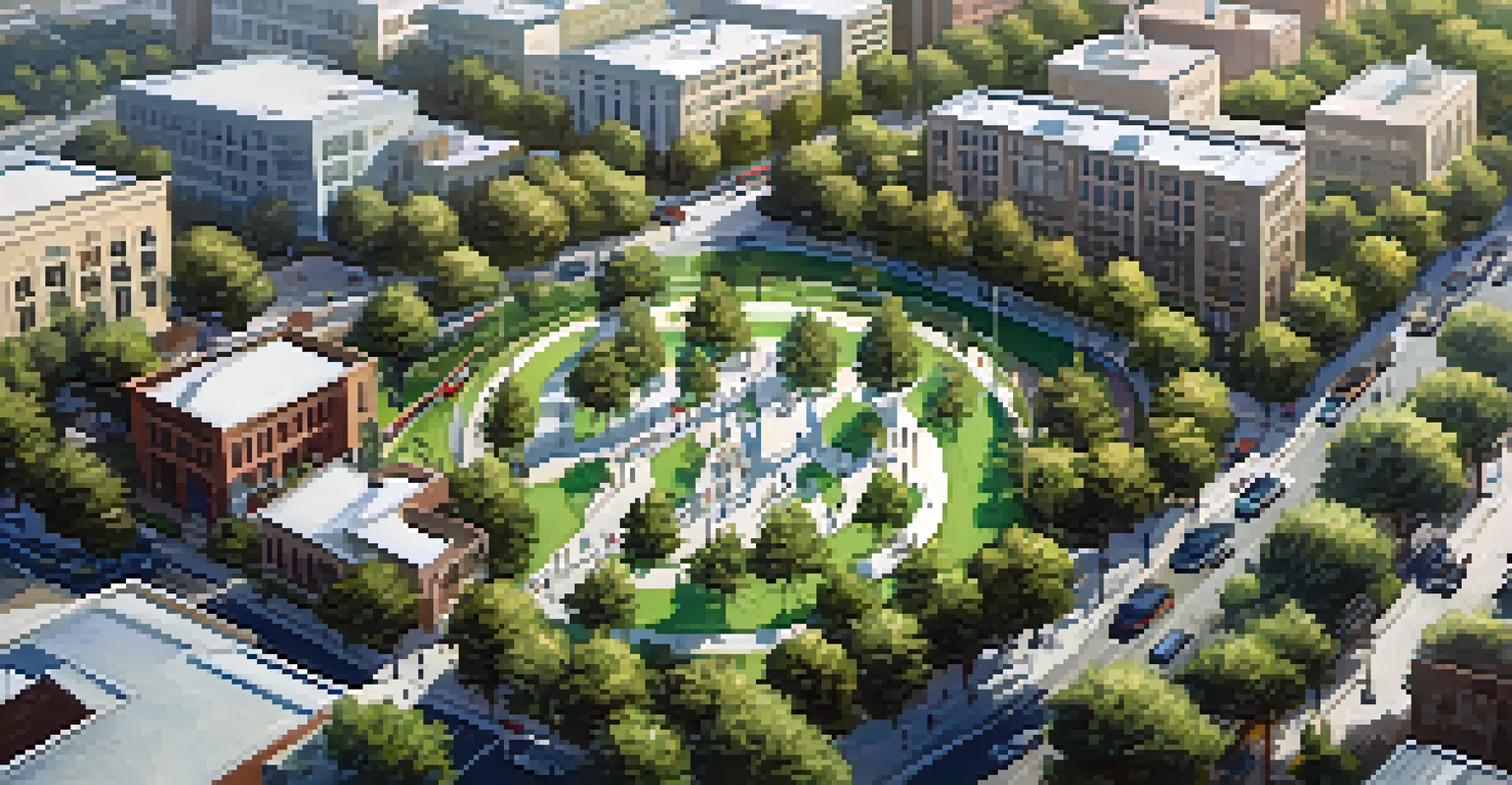 An aerial view of Redwood City displaying bike lanes, green spaces, and public transport areas, showcasing urban planning and community engagement.