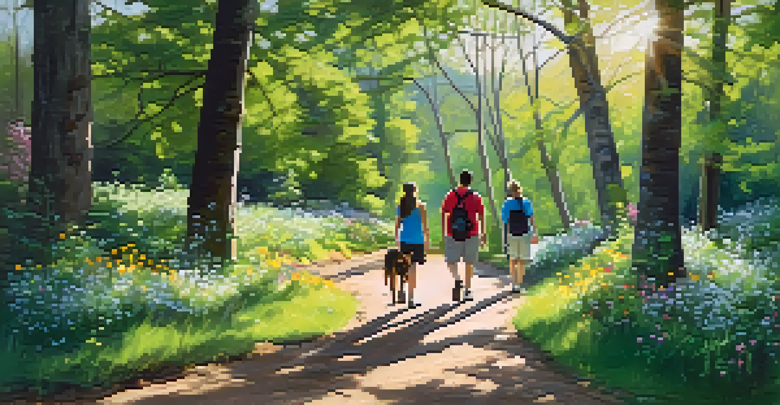 A peaceful hiking trail in Edgewood Park with a family and a dog surrounded by greenery and sunlight filtering through trees.