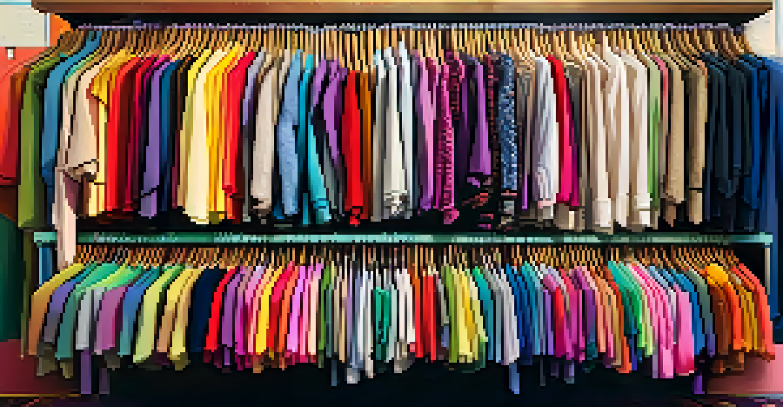 Close-up of second-hand clothing items on a thrift store rack showcasing various textures and patterns.