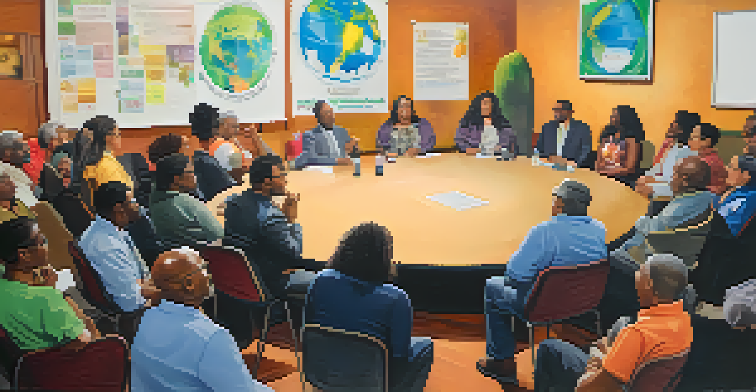 A diverse group of community members engaged in a town hall meeting discussing environmental justice, with charts and posters in the background.