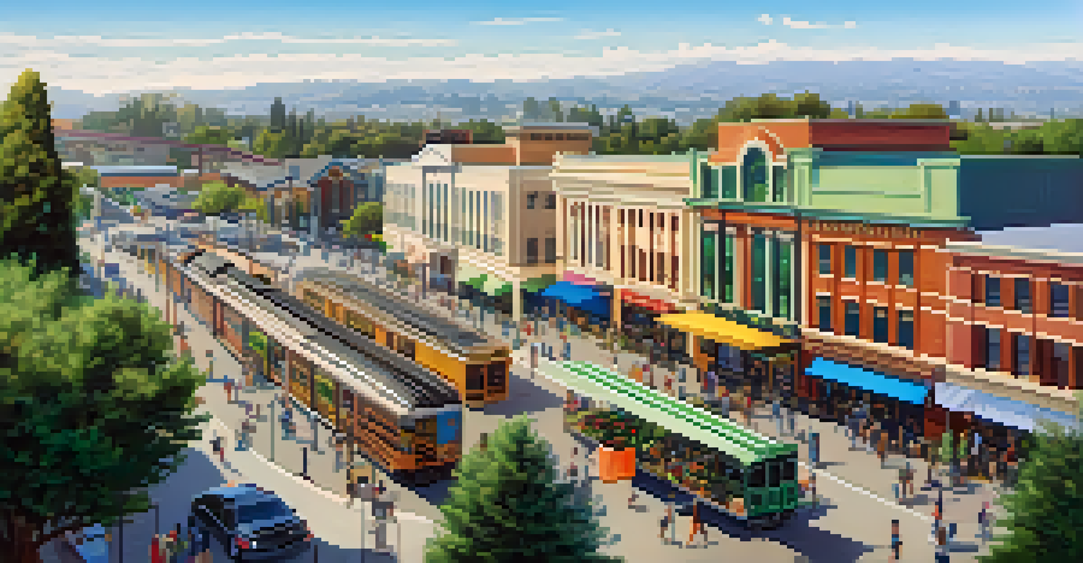 A panoramic view of Redwood City with a vibrant outdoor market next to a train station, featuring food trucks and greenery.