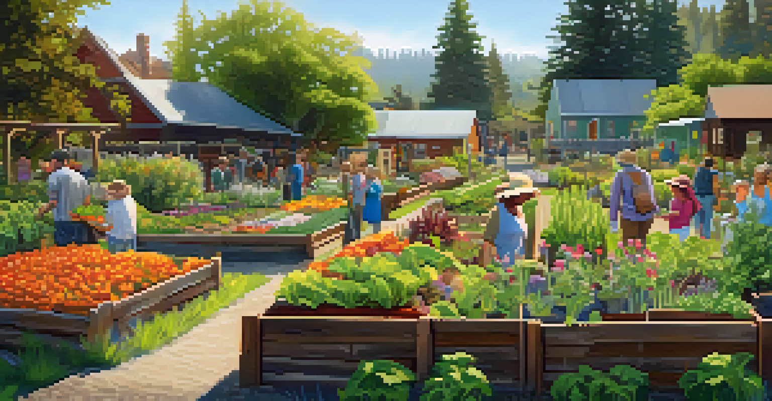 A community garden in Redwood with residents gardening together, surrounded by colorful plants and flowers.