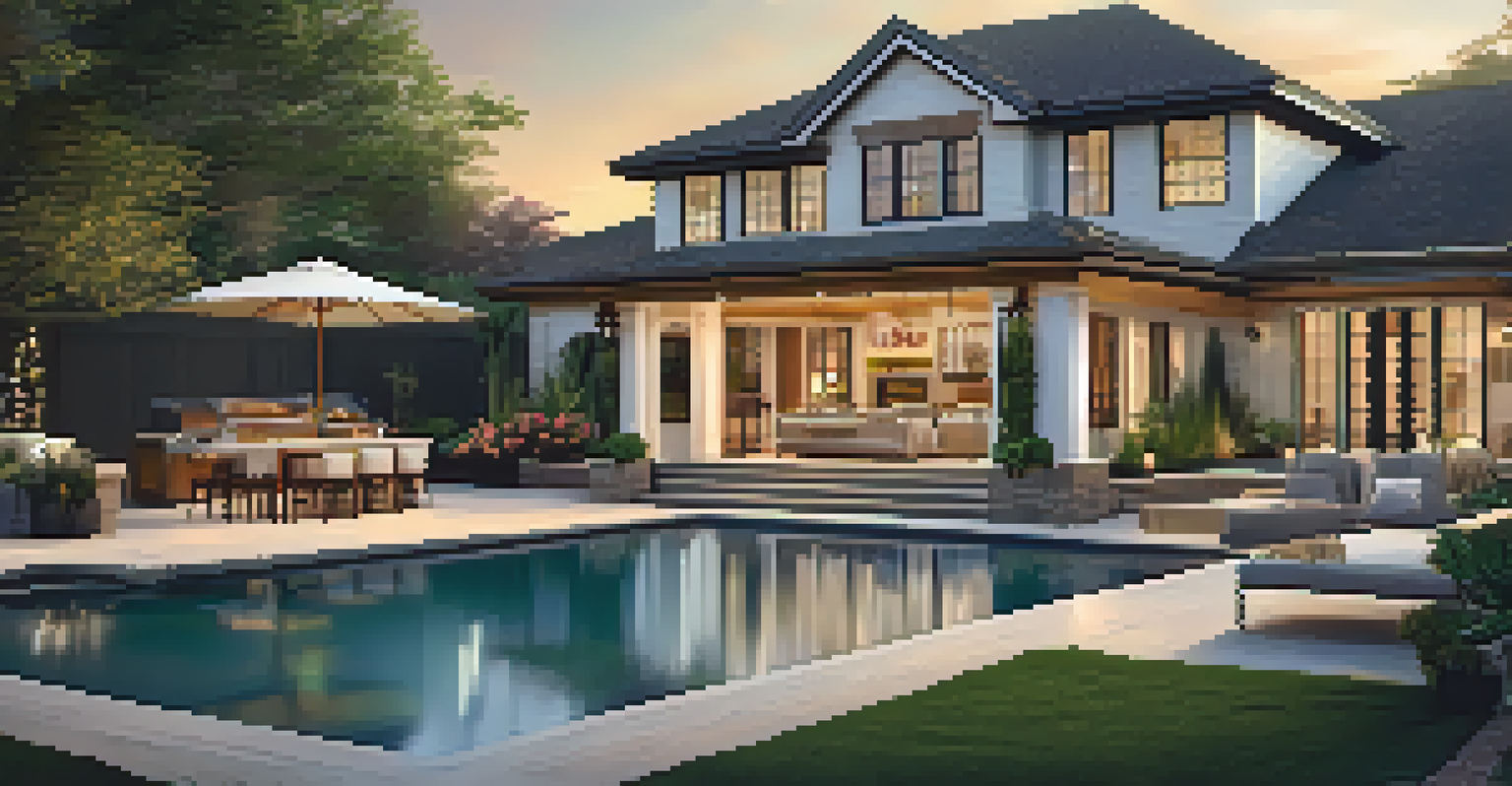 An outdoor living space with a patio, pool, and kitchen area, beautifully lit at sunset.