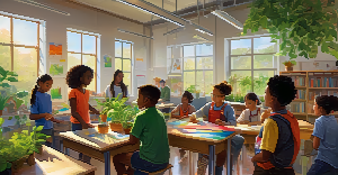 A diverse group of students working together in a bright classroom on a sustainability project, with a teacher assisting them.