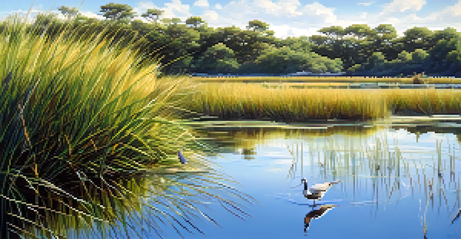 A close-up of a wetland area with tall grasses and marsh plants, reflecting the blue sky and featuring birds.