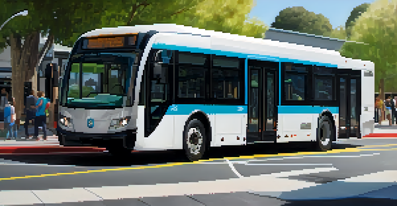 A modern electric bus at a transit station in Redwood City surrounded by greenery.