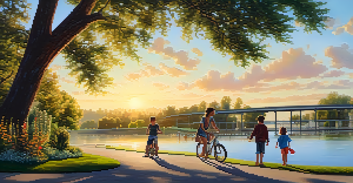 A family strolls along the waterfront at sunset, with ducks in the water and picnic areas visible.