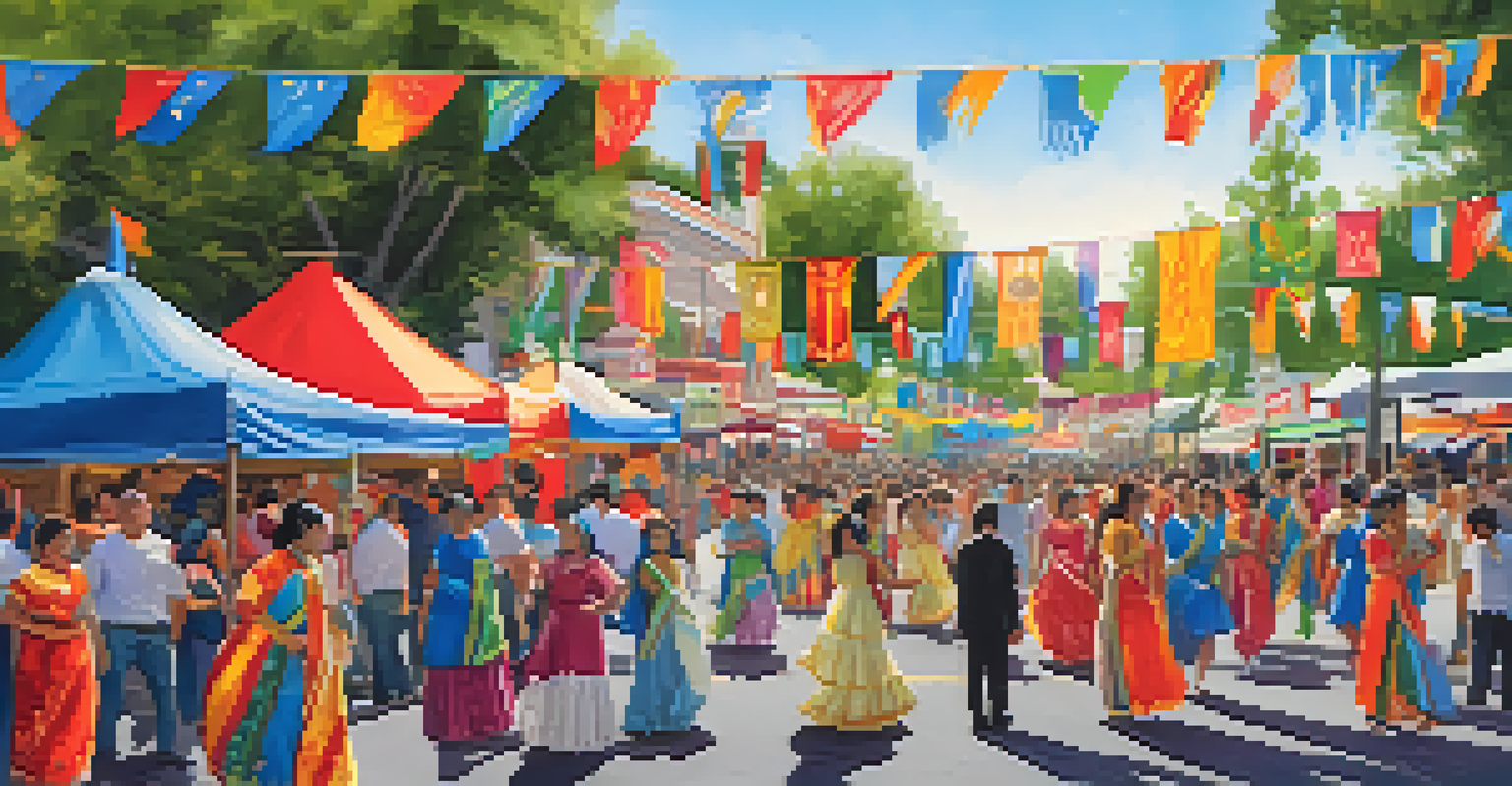 A community festival in Redwood City with colorful banners, diverse people, and a historic landmark in the background.