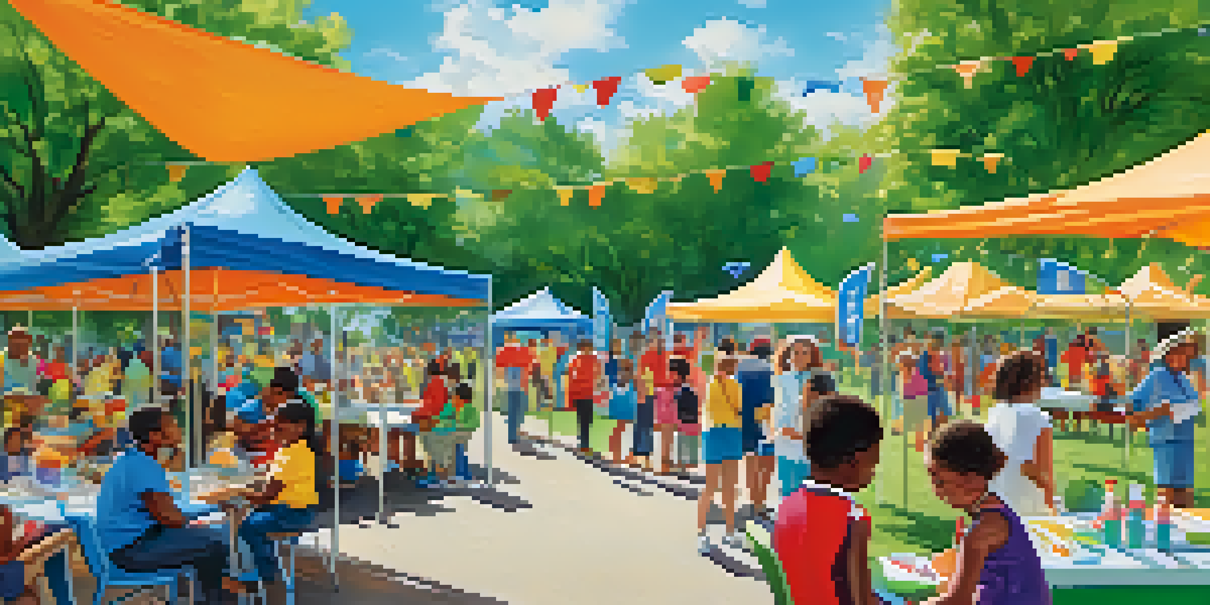 A lively health fair in a park with families and colorful booths promoting wellness and healthy living.