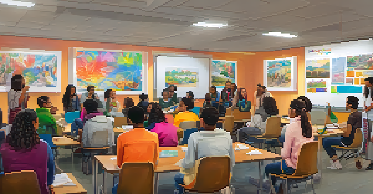 Students actively participating in a cultural awareness workshop, sharing stories and presentations in a warm and inviting environment.