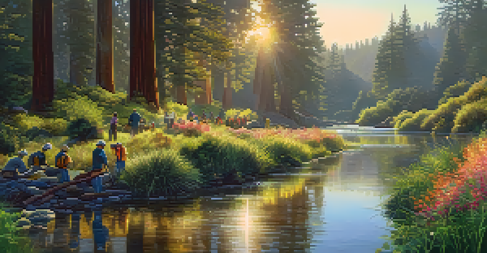 Volunteers working together to restore Redwood Creek, surrounded by vibrant greenery and a sunset glow.