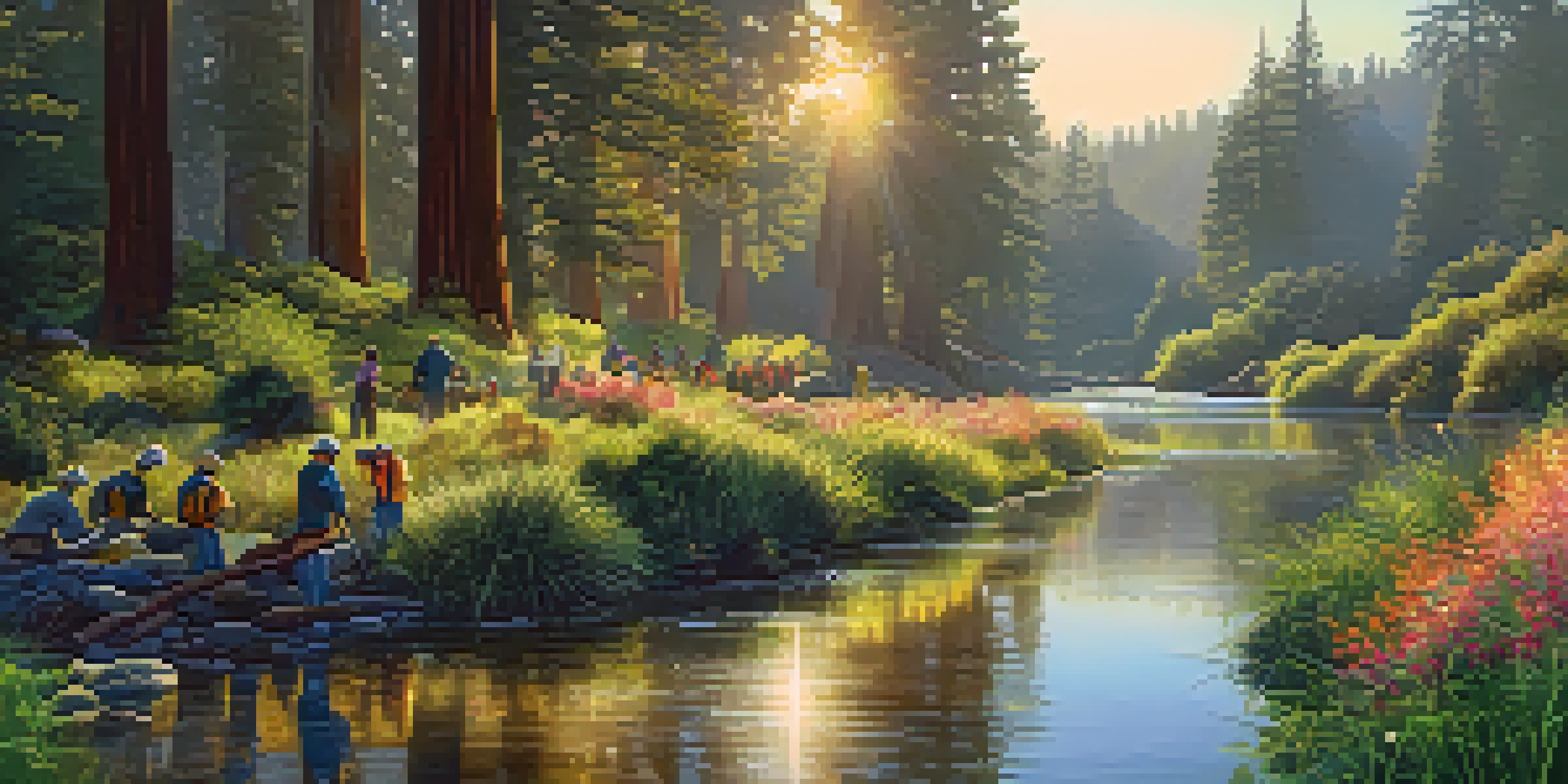 Volunteers working together to restore Redwood Creek, surrounded by vibrant greenery and a sunset glow.