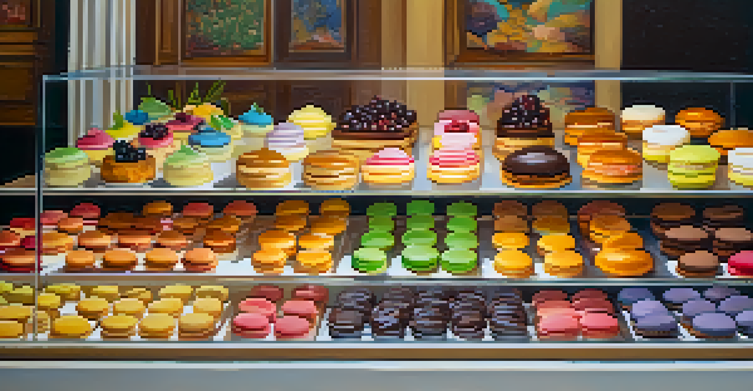 A close-up of a dessert display featuring colorful pastries and cakes at a bakery.
