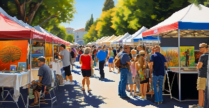 A bustling street scene at the Redwood City Art and Wine Festival, with colorful art booths and artists interacting with visitors.
