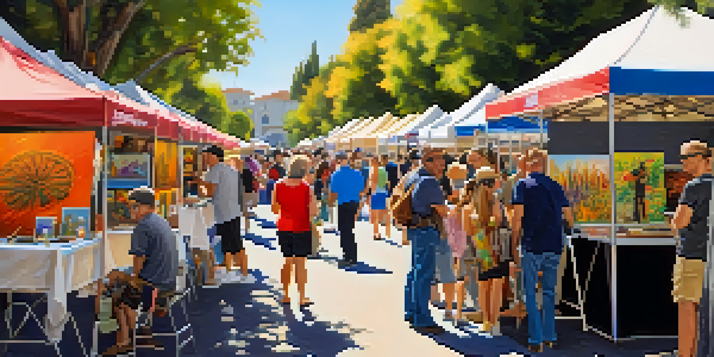 A bustling street scene at the Redwood City Art and Wine Festival, with colorful art booths and artists interacting with visitors.