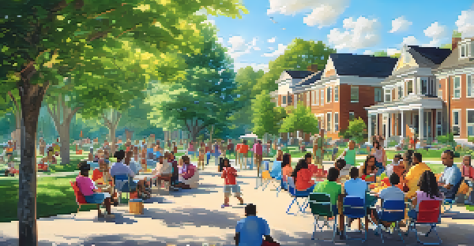 A lively community gathering in a park with families, children playing, and people attending a workshop under a clear blue sky.