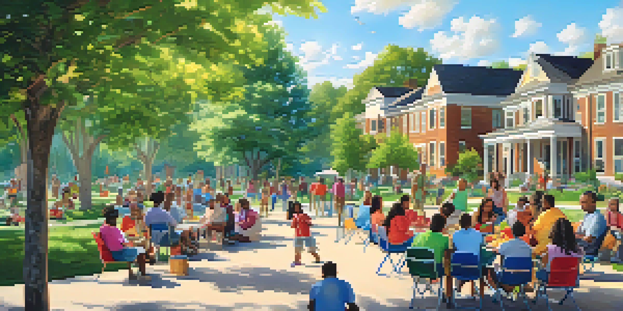 A lively community gathering in a park with families, children playing, and people attending a workshop under a clear blue sky.