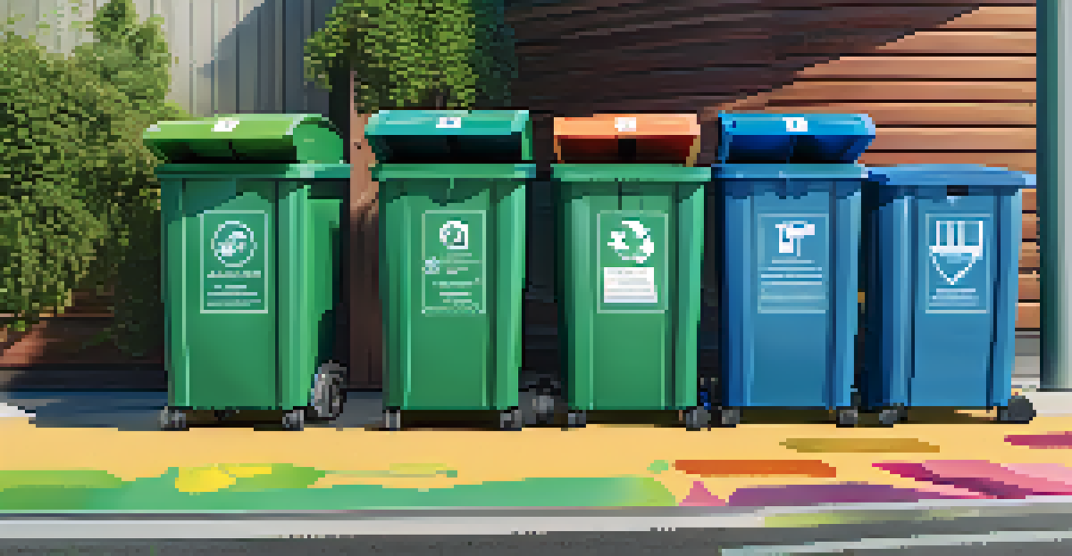 A close-up view of a smart waste sorting station with AI technology and recycling bins, with people learning about waste management.