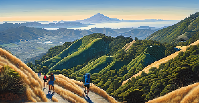 A scenic view of climbers on Mount Tamalpais with rolling hills and blue skies in the background.