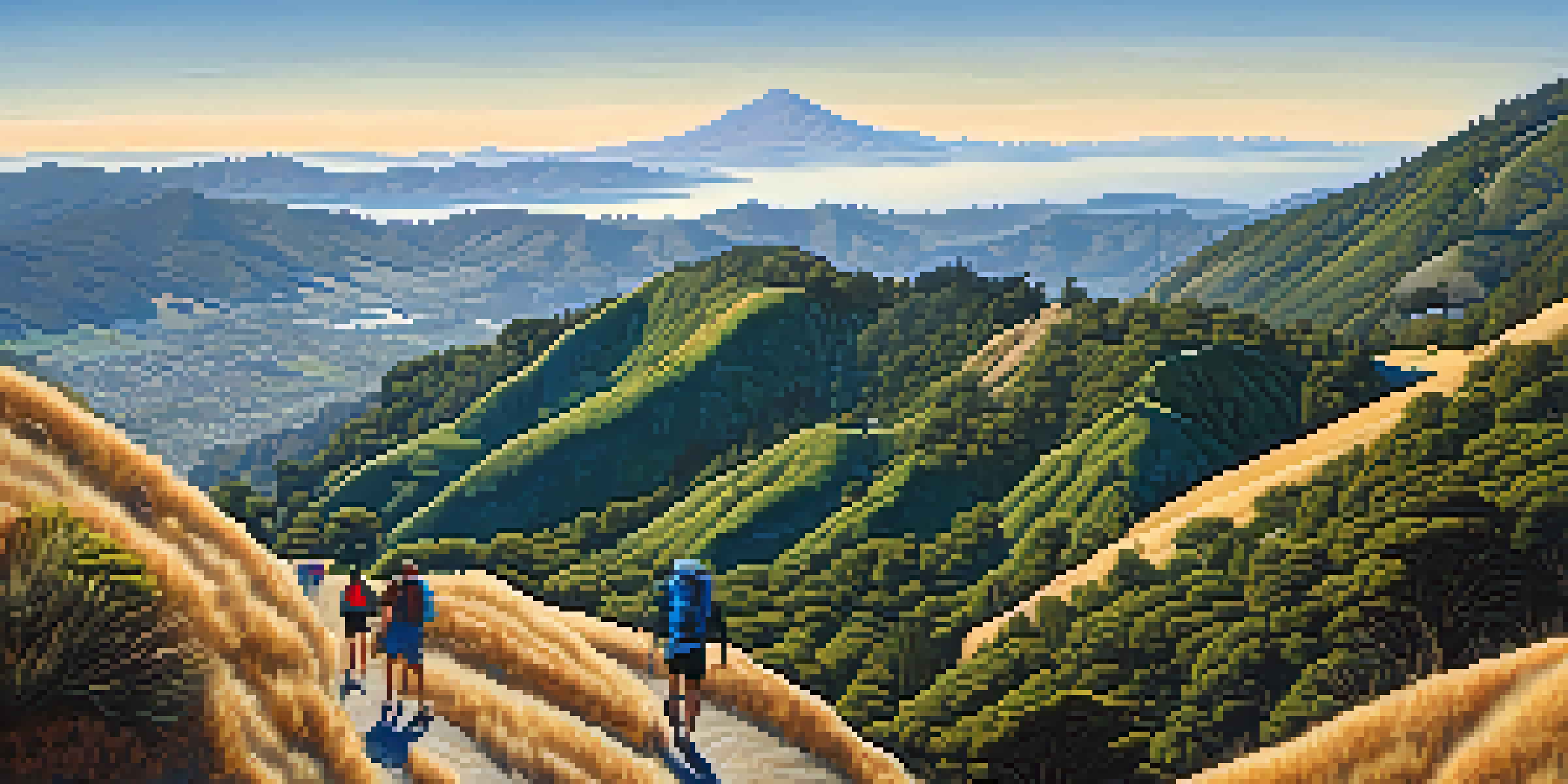 A scenic view of climbers on Mount Tamalpais with rolling hills and blue skies in the background.