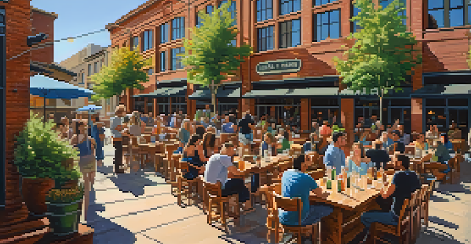 An outdoor patio of a craft brewery filled with people enjoying drinks, surrounded by colorful plants and a lively street.
