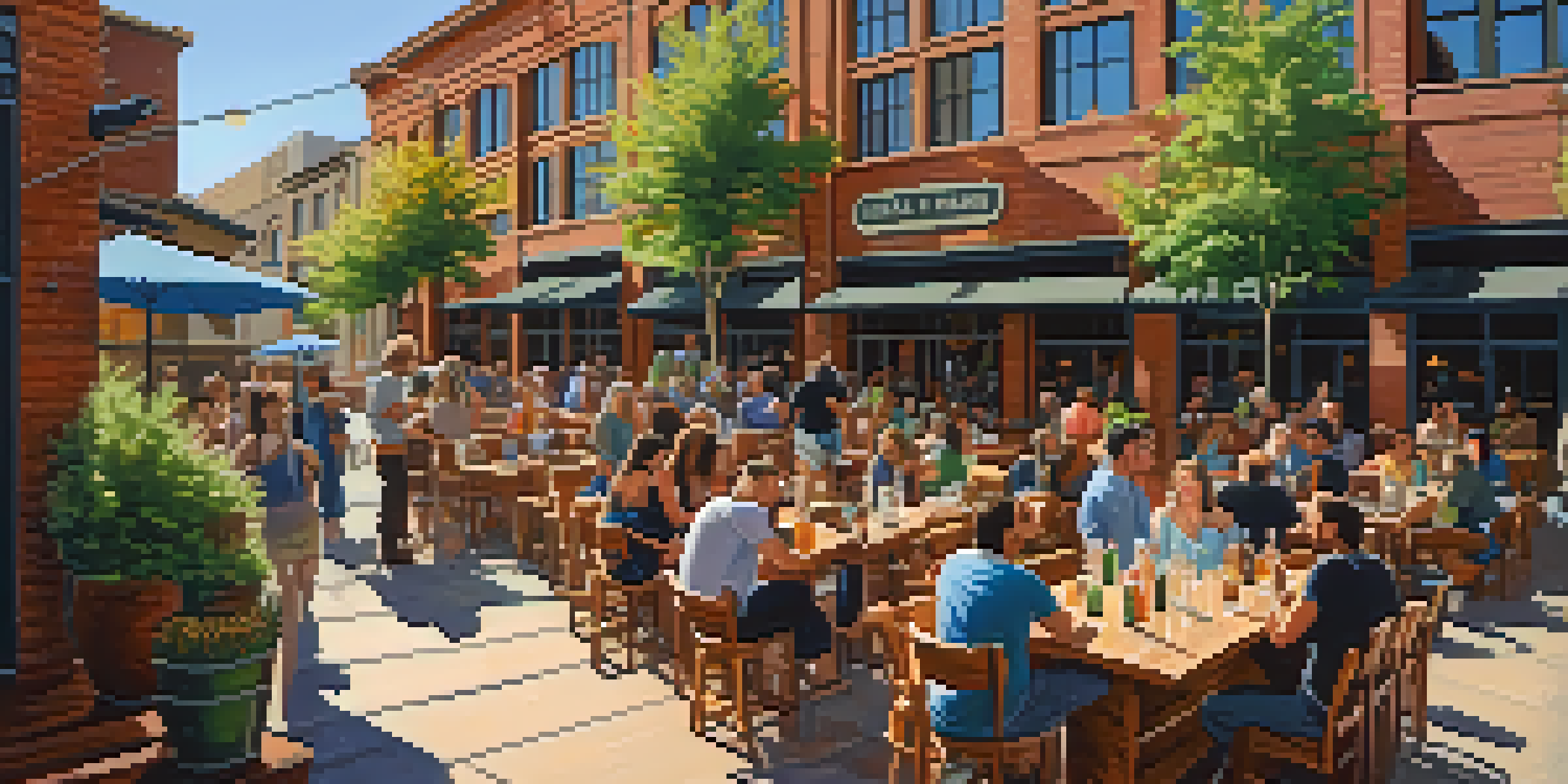 An outdoor patio of a craft brewery filled with people enjoying drinks, surrounded by colorful plants and a lively street.