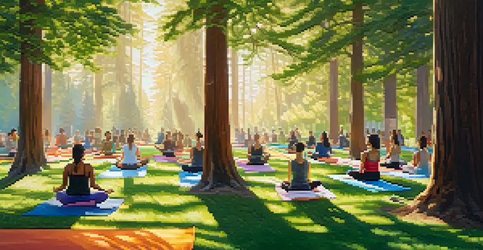 A diverse group of people participating in an outdoor yoga class in a lush park, surrounded by tall trees and sunlight.