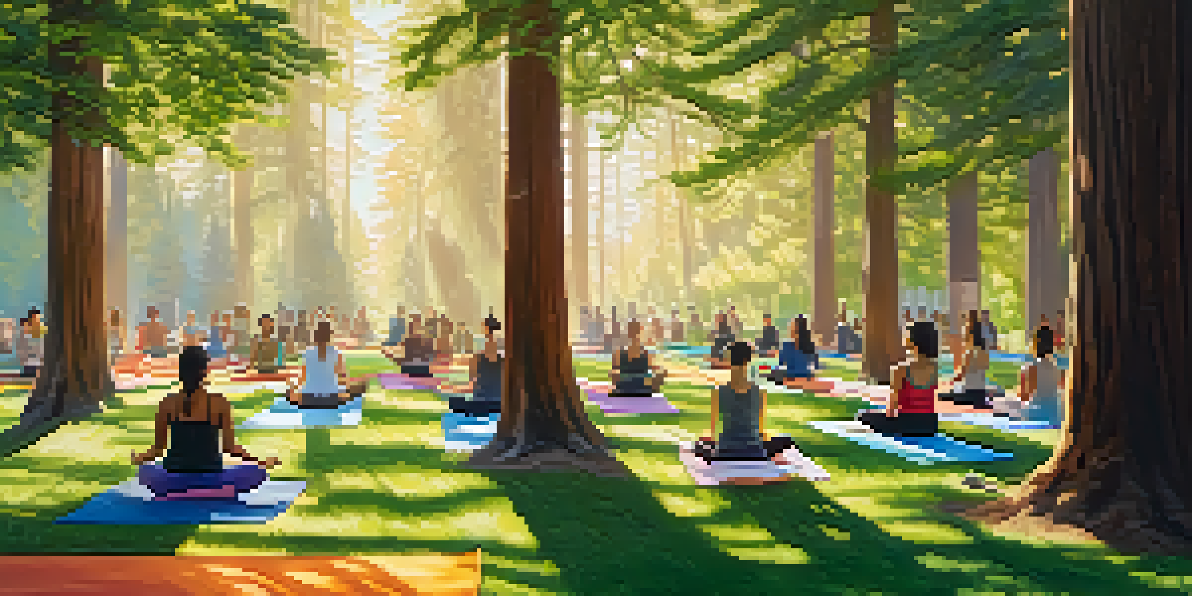 A diverse group of people participating in an outdoor yoga class in a lush park, surrounded by tall trees and sunlight.