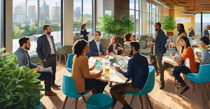 A networking event in a bright co-working space, with entrepreneurs engaged in discussions against a city skyline backdrop.