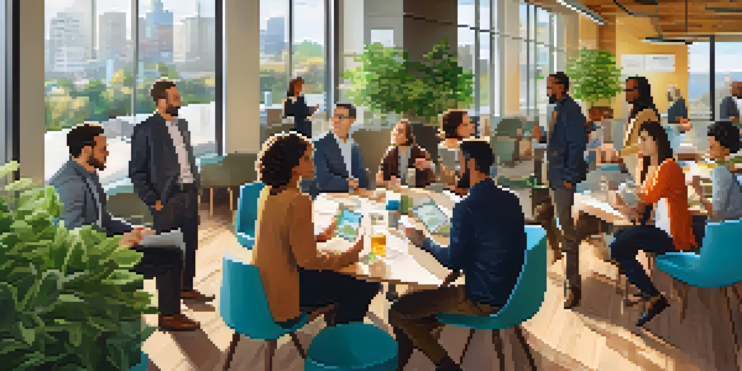 A networking event in a bright co-working space, with entrepreneurs engaged in discussions against a city skyline backdrop.