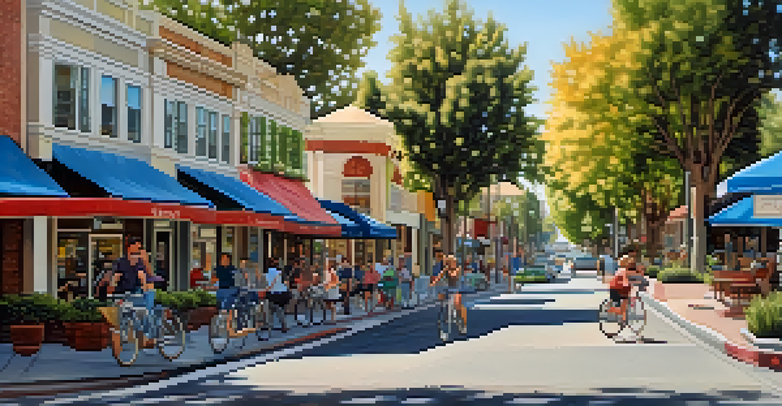 A lively street in Redwood City with pedestrians, shops, and a cyclist, creating a community atmosphere.