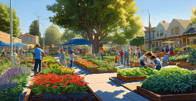 A colorful community garden with families planting vegetables under a sunny sky, showcasing collaboration and community spirit.