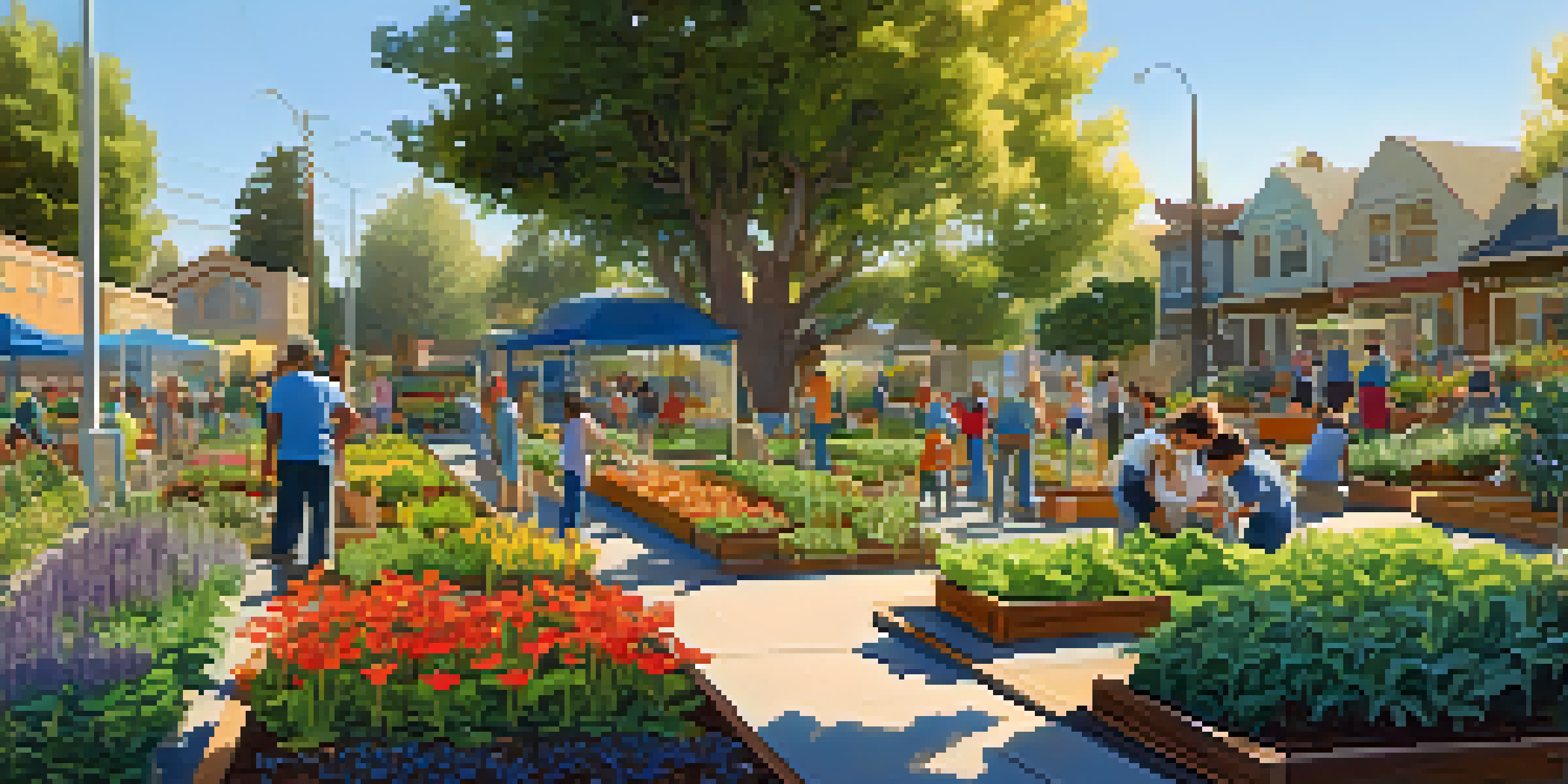 A colorful community garden with families planting vegetables under a sunny sky, showcasing collaboration and community spirit.