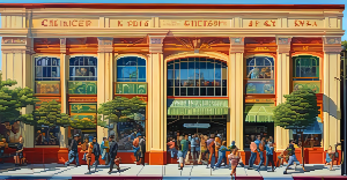 A colorful mural showing historical events and figures from Redwood City, surrounded by greenery and illuminated by soft sunlight.