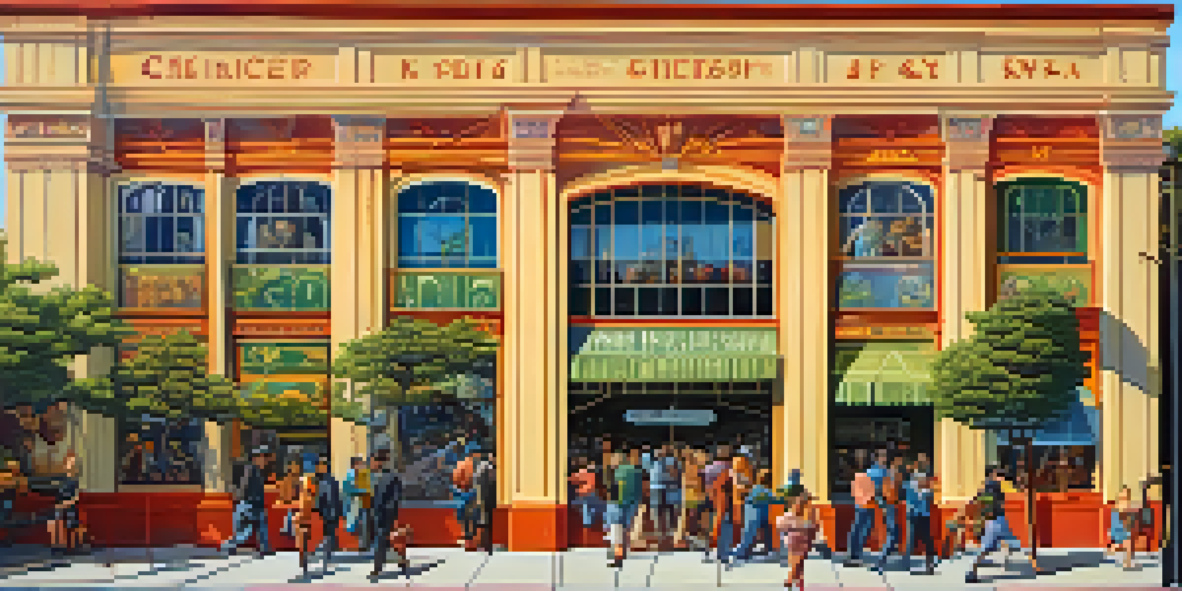 A colorful mural showing historical events and figures from Redwood City, surrounded by greenery and illuminated by soft sunlight.