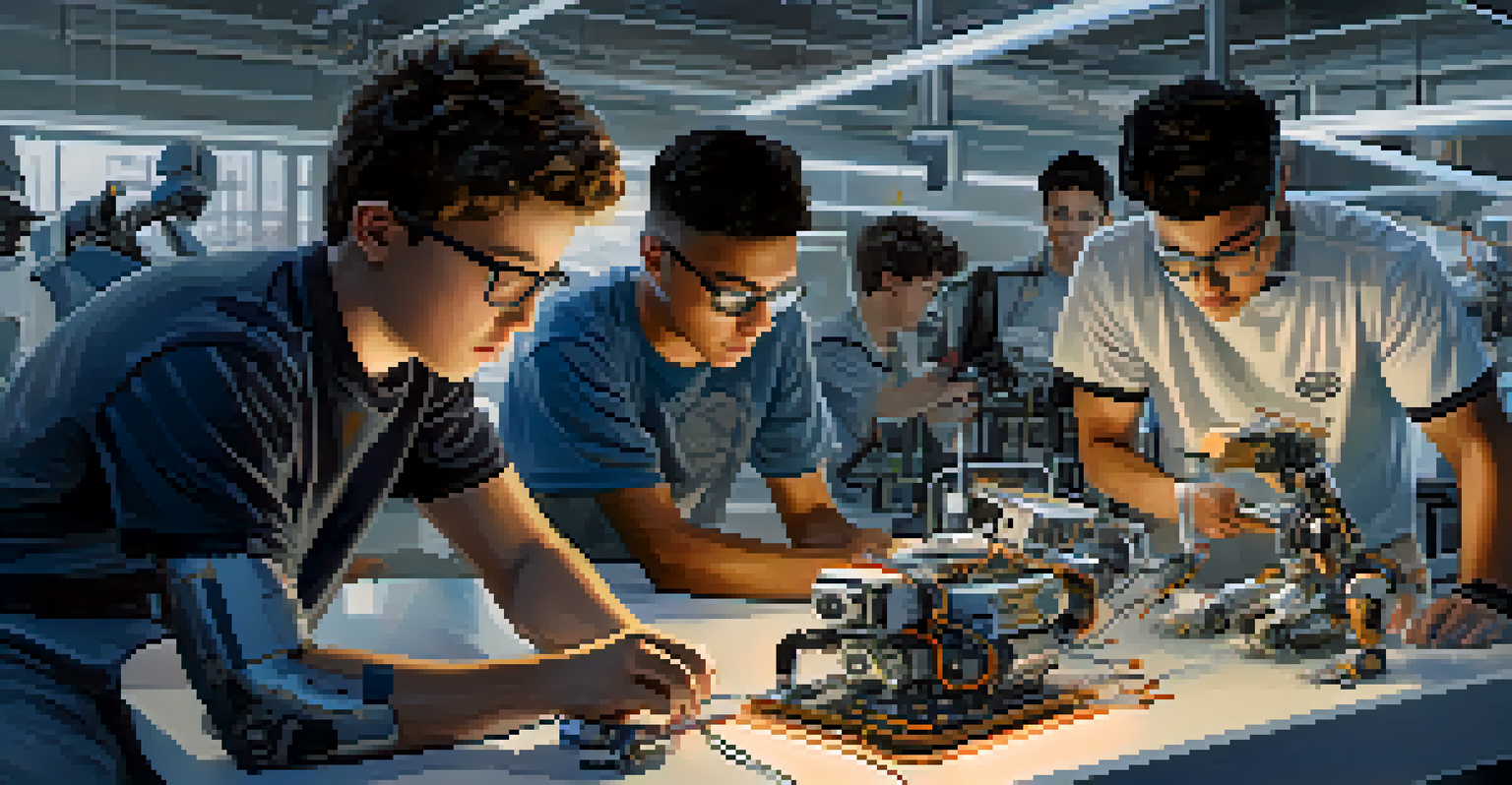 Students collaborating in a robotics lab, building and programming a robot prototype.