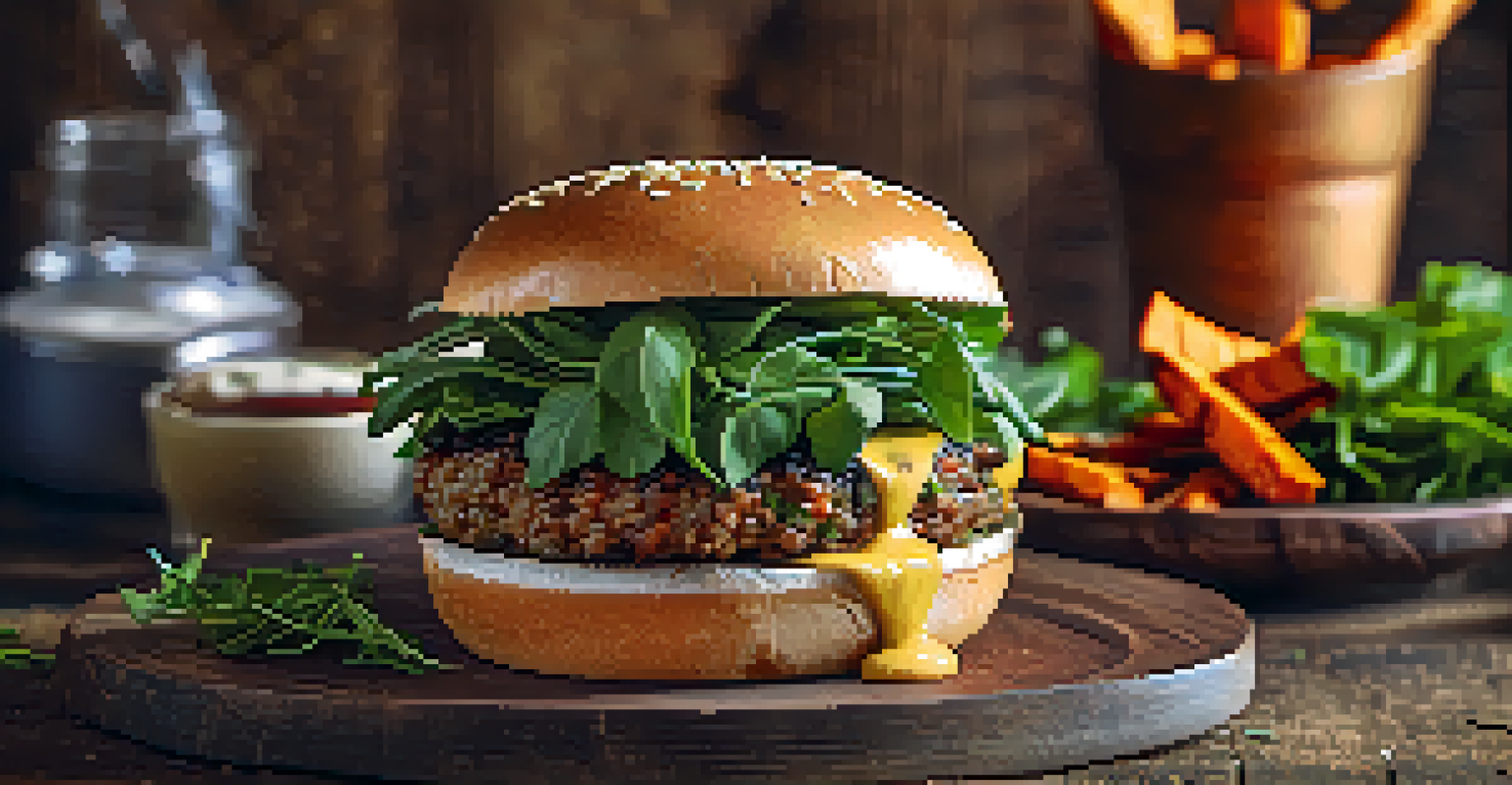 A gourmet vegan burger on a rustic table, accompanied by sweet potato fries, highlighted by natural light.