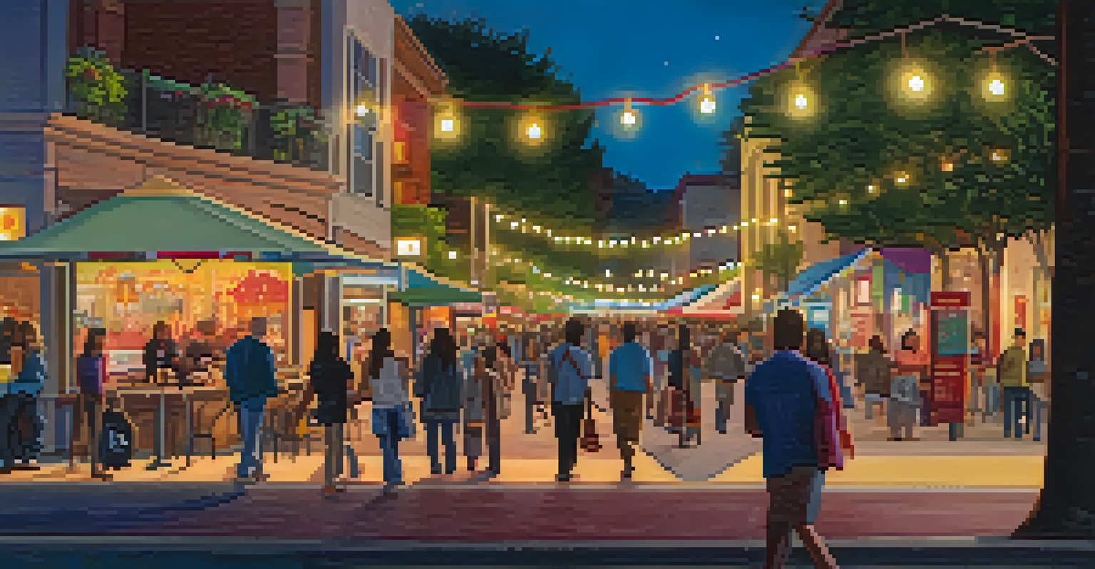 A lively pedestrian-only street in Redwood City at night, filled with people and colorful lights.