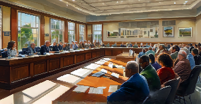 A city council meeting in Redwood City with diverse residents discussing local issues, bright light coming through windows, and local art on the walls.