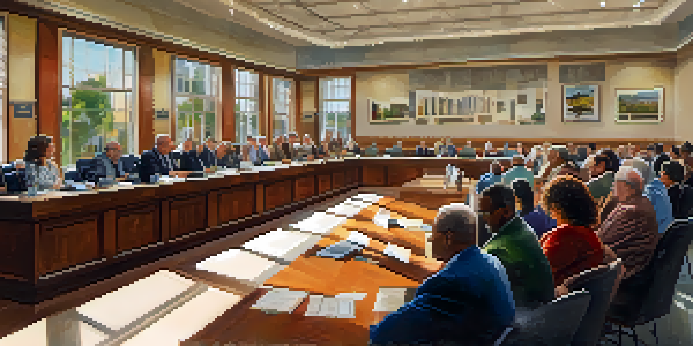 A city council meeting in Redwood City with diverse residents discussing local issues, bright light coming through windows, and local art on the walls.
